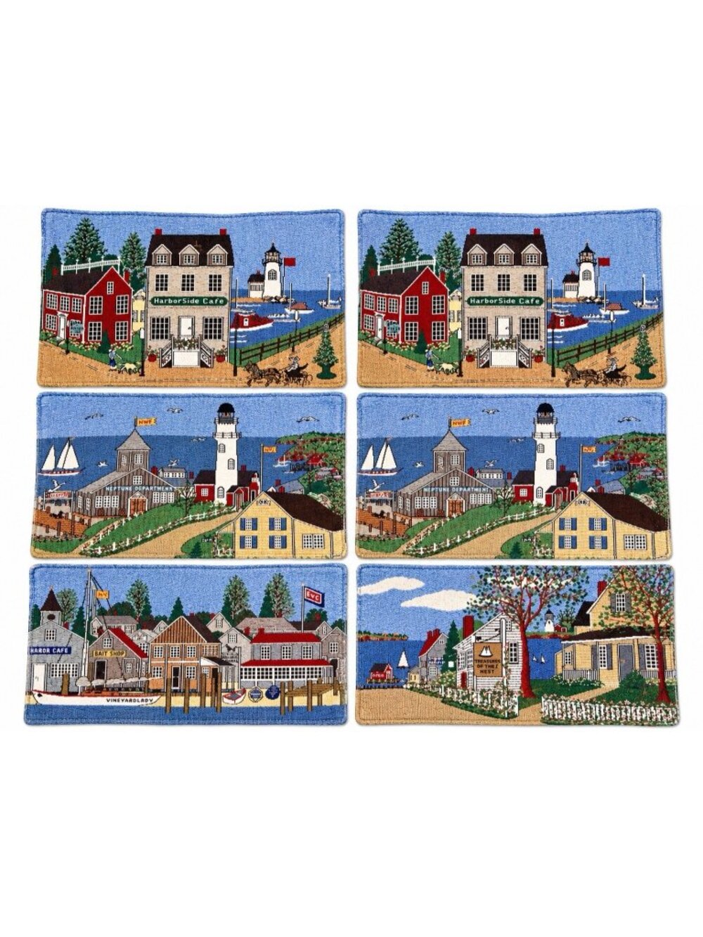 Vintage Coastal Tapestry Placemats Set 6 Lighthouse Harbor New England Nautical